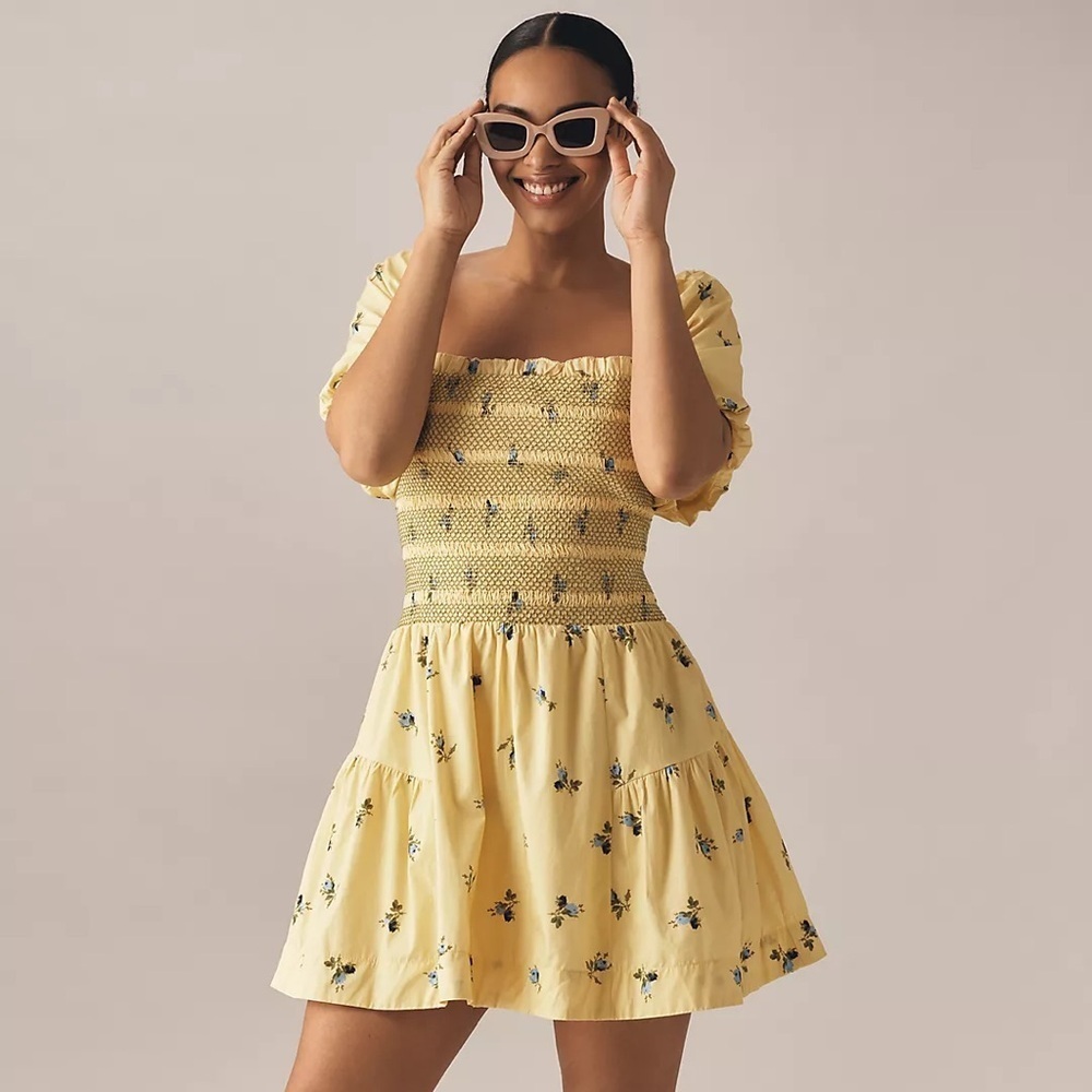 NWT! Anthropologie Yellow Puff-Sleeve Square-Neck Smocked Mini Dress Shirt 🍓3️⃣